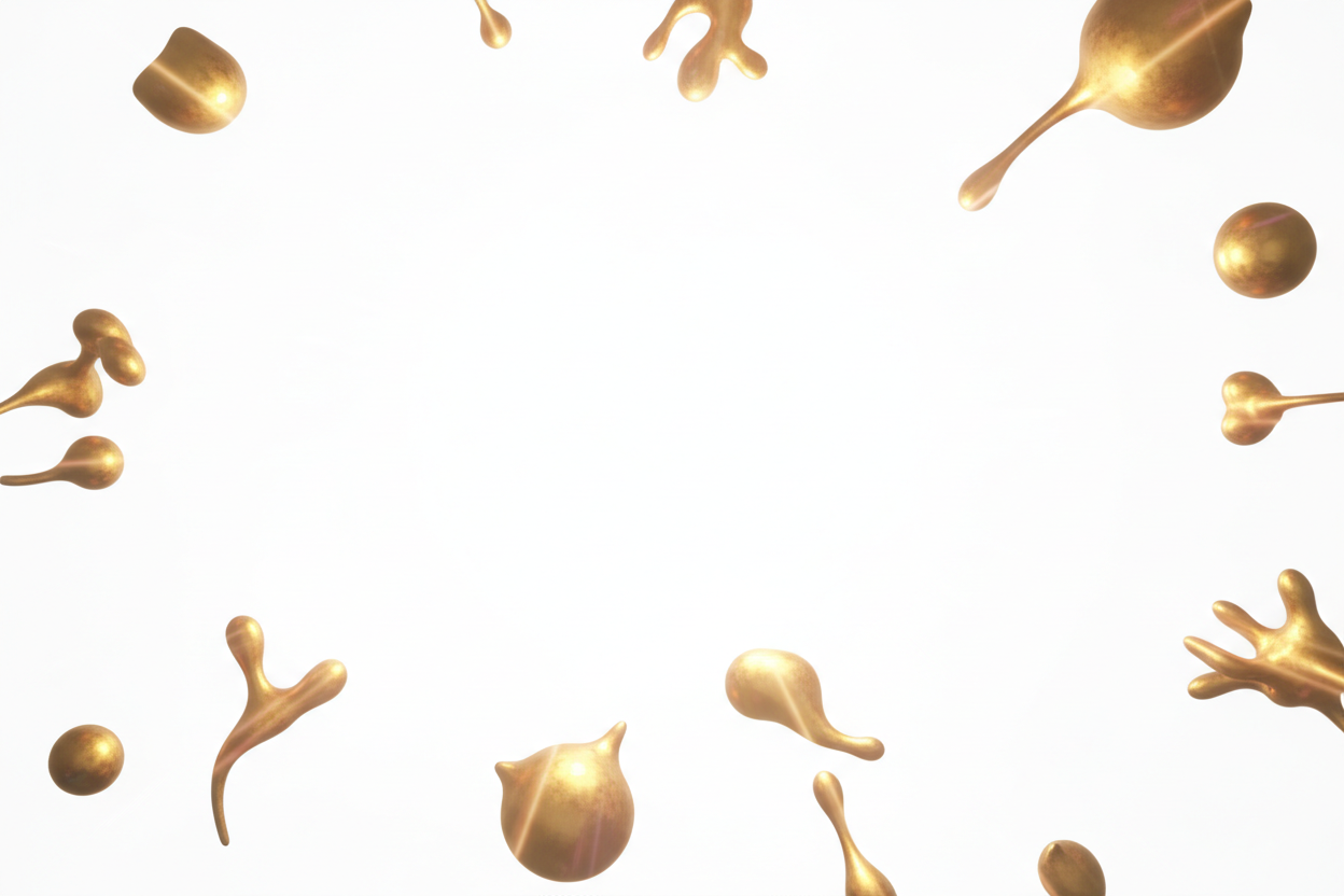 Large Golden blobs/shapes randomly dispersed on white backdrop with faded light flare overlay